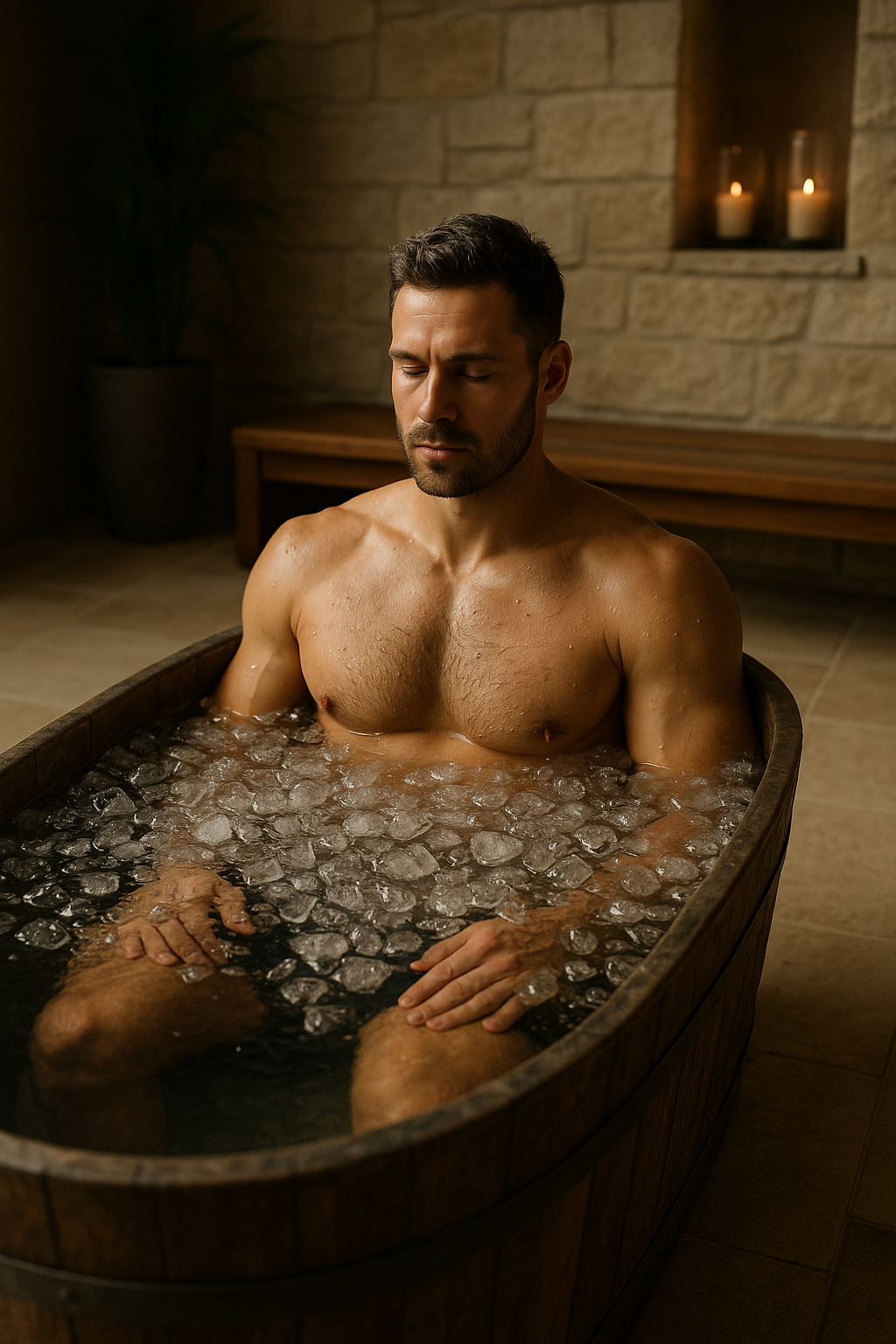 “Sporter neemt ijsbad in wellness‑omgeving voor herstel en ontspanning”