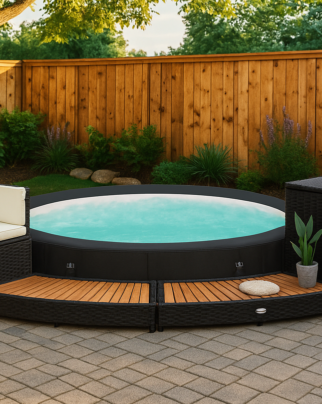 Zwarte Spa-Ombouw – Rattan Jacuzzi Omranding met Zitbank & Opbergruimte